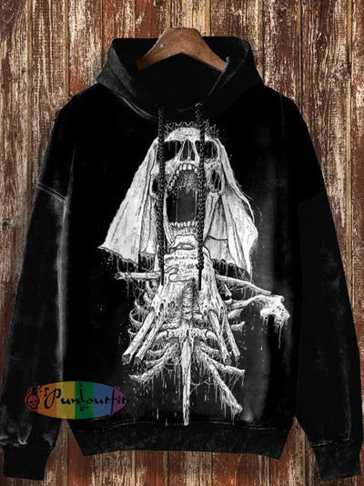 Skeleton Art Pattern Design Printed Fashionable Loose Casual Retro Long Sleeve Hoodie Black / S