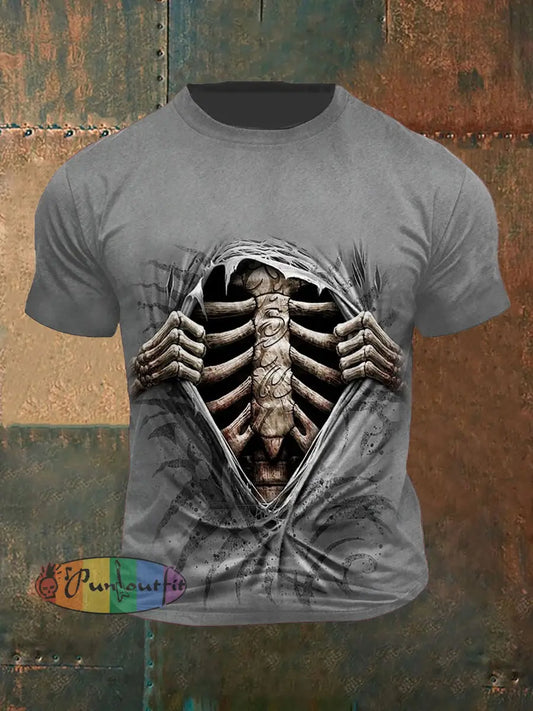 Skeleton Printed Vintage Fashion Loose Short Sleeve T-Shirt Gray / S