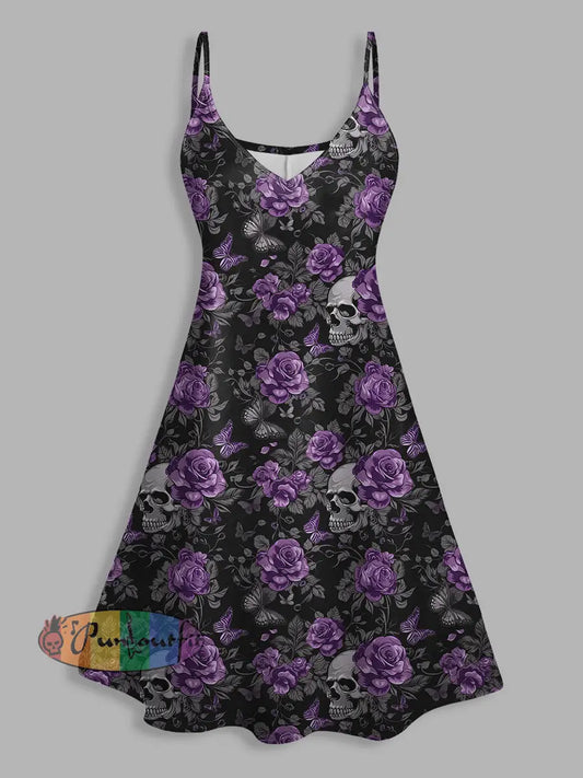 Skull And Rose Print V Neck High Waist Sleeveless Mini Dress Black / S