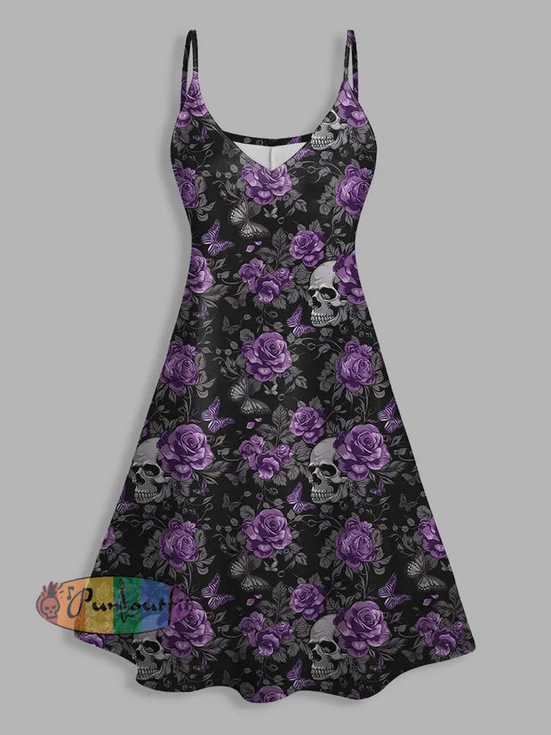 Skull And Rose Print V Neck High Waist Sleeveless Mini Dress Black / S