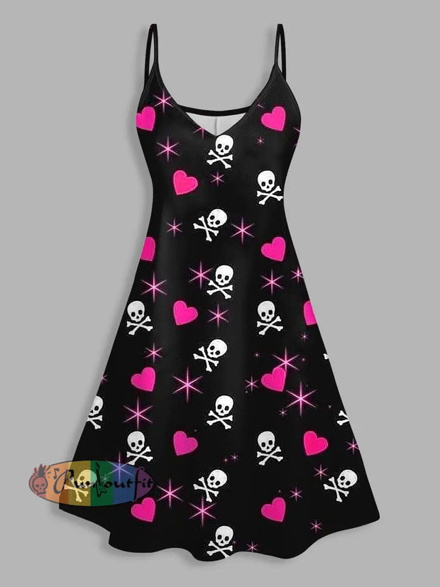 Skull Print V Neck High Waist Spaghetti Strap Dress Sleeveless Summer A Line Cami Dress Black / S