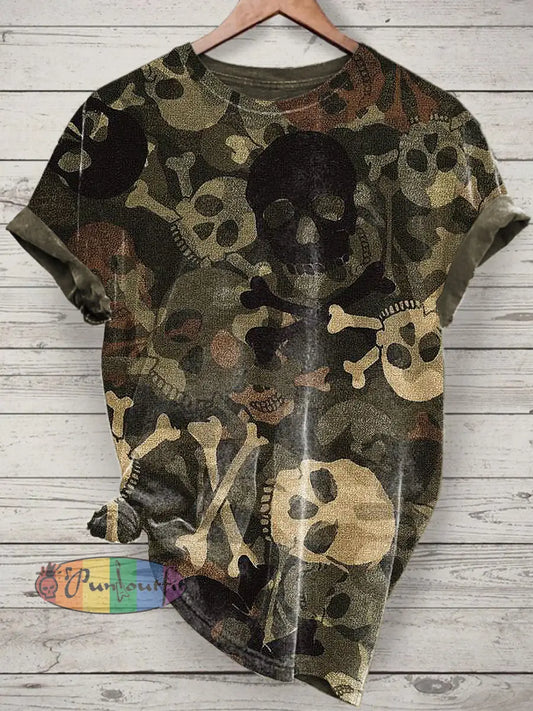 Skull Printed Vintage Fashion Loose Short Sleeve T-Shirt Camouflage / S