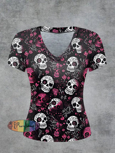 Skull Printed Vintage Fashion Loose V-Neck Short Sleeve T-Shirt Black / S