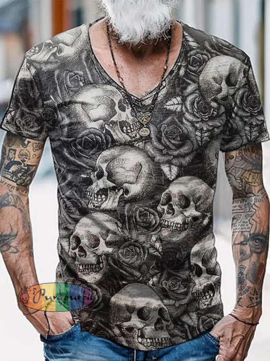 Skull Printed Vintage Fashion Loose V-Neck Short Sleeve T-Shirt Gray / S
