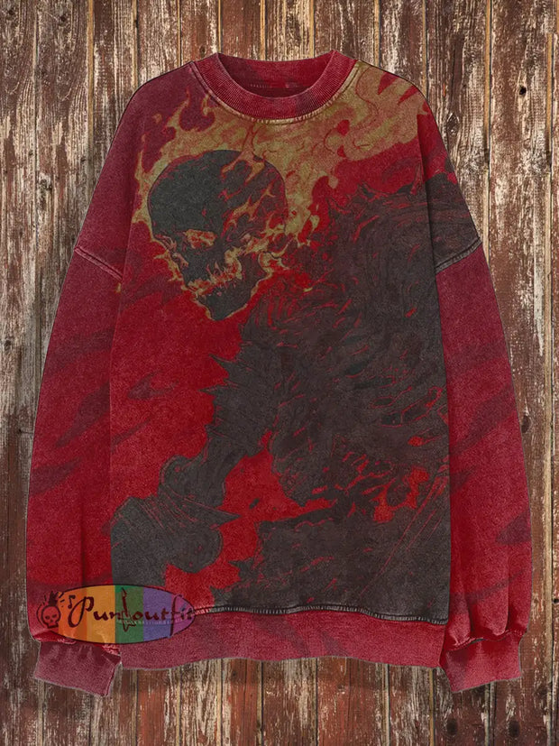 Skull Retro Printed Round Neck Casual Loose Long Sleeved Sweatshirt Red / S