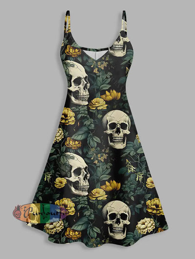 Skull Rose Print V Neck High Waist Sleeveless Mini Dress Colorful / S