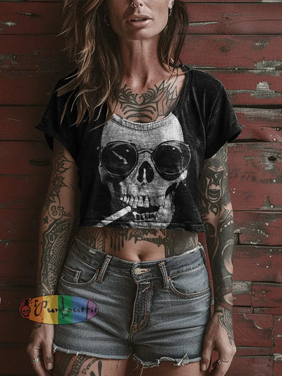 Skull Smoking Art Print Design Casual Cropped T-Shirt Black / S