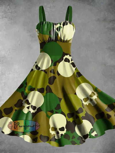 Sleeveless Summer Dress With Skull For Women Green / S