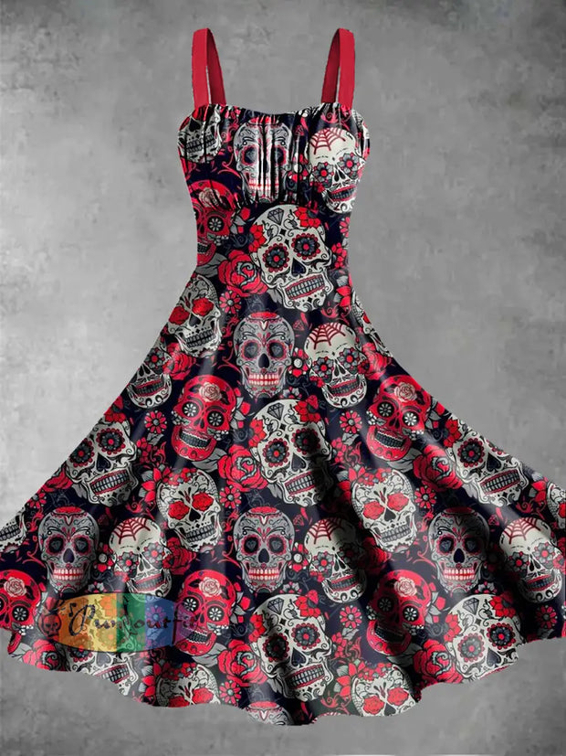 Sleeveless Summer Dress With Skull For Women Red / S