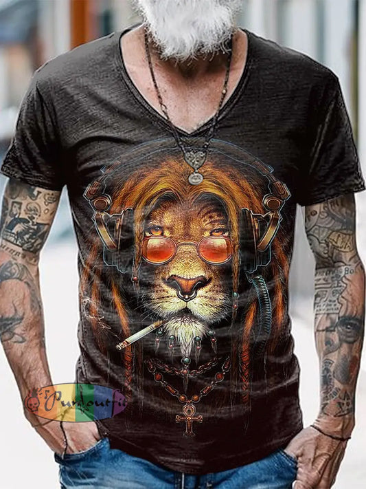 Smoking Lion Printed Vintage Fashion Loose V-Neck Short Sleeve T-Shirt Dark Brown / S