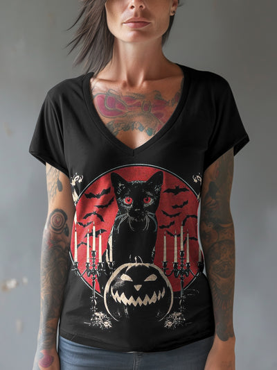 Women Halloween Black Cat Print V-Neck Short Sleeves T-Shirt