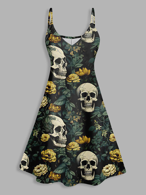 Skull Rose Print V Neck High Waist Sleeveless Mini Dress