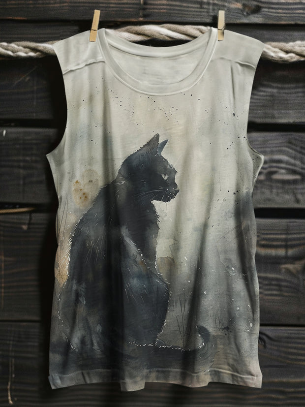 Unisex Horror Lonely Cat Art Print Tank Top