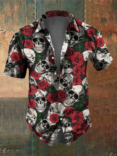 Men's Retro Dark Style Skull And Rose Print Shirt