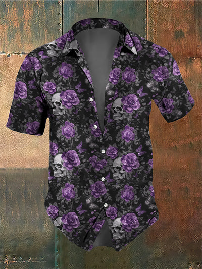 Men's Retro Dark Style Skull Rose Butterfly Print Shirt