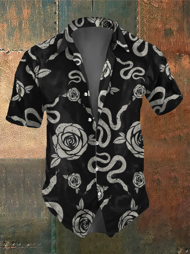 Men's Retro Dark Style Rose And Snake Print Shirt