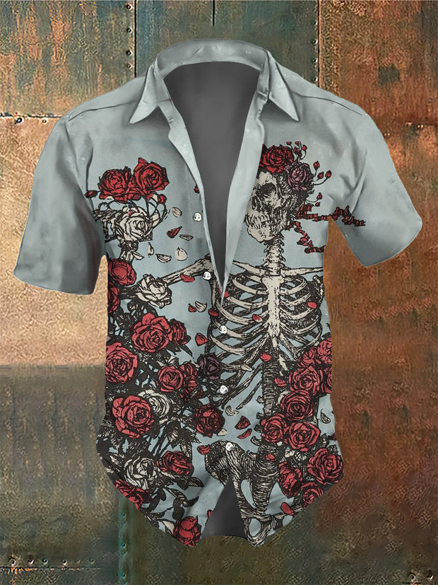 Men's Retro Dark Style Skull Rose Garden Print Shirt