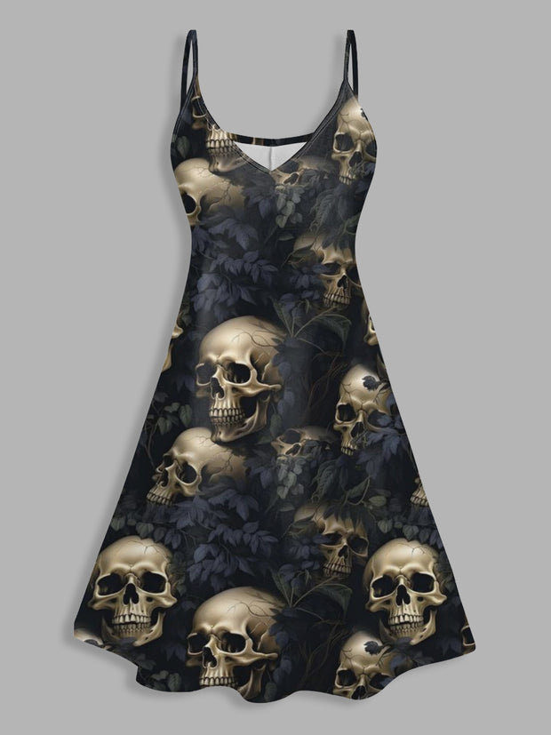 Vintage Skulls Halloween Print V Neck High Waist Sleeveless Mini Dress