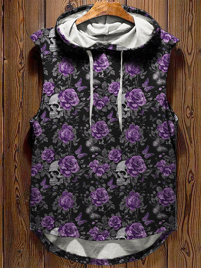 Unisex Skull And Rose Print Casual Hooded Tank Top