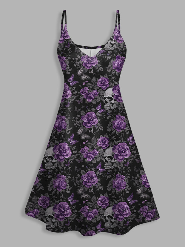 Skull And Rose Print V Neck High Waist Sleeveless Mini Dress