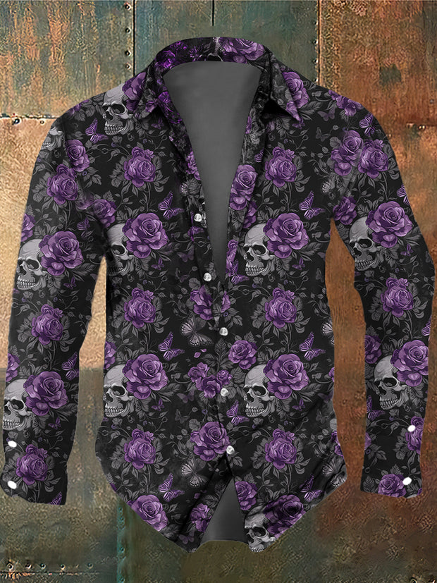 Men's Retro Dark Style Skull Rose Butterfly Long Sleeve Shirt