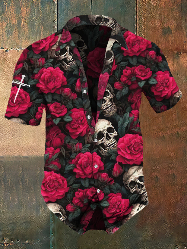 Men's Retro Dark Style Rose Skull Print Shirt