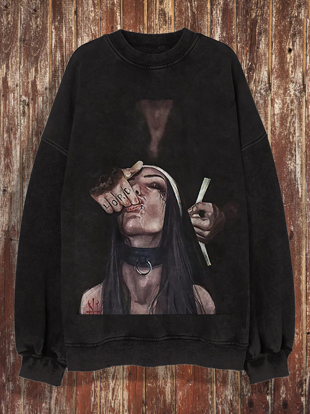 Unisex Bad Nun Print Halloween Crew Neck Casual Sweatshirt