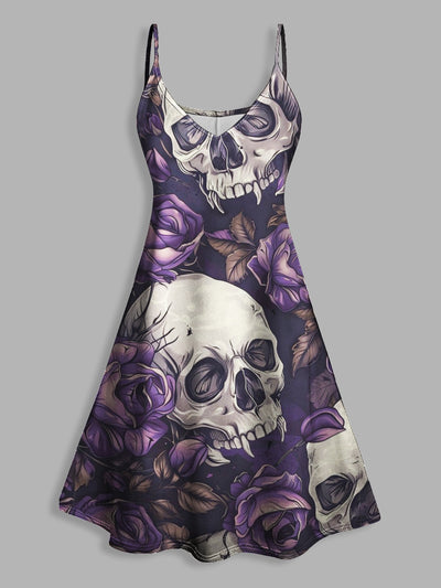 Vintage Skulls Violet Print V Neck High Waist Sleeveless Mini Dress