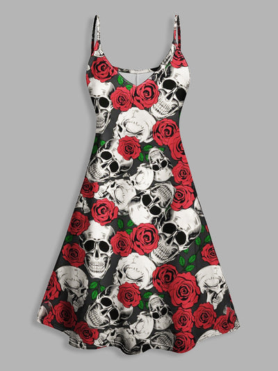 Vintage Skull And Rose Print V Neck High Waist Sleeveless Mini Dress