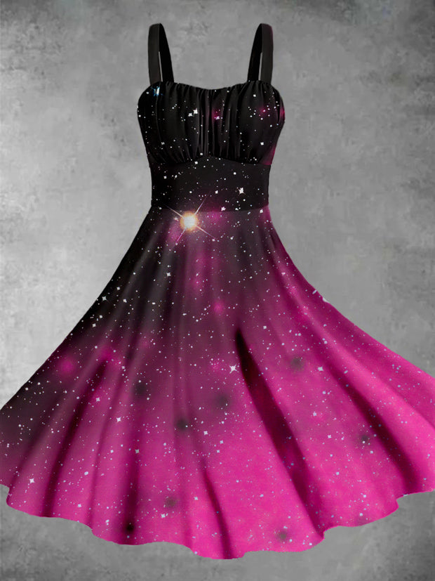 Vintage Starry Sky Gradient Halloween Print Midi Dress