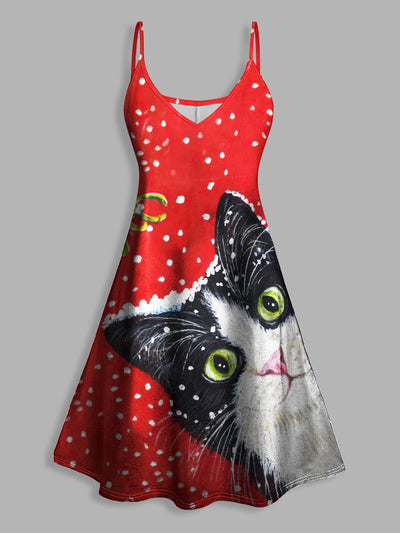 Vintage Black Cat Halloween Print V Neck High Waist Sleeveless Mini Dress