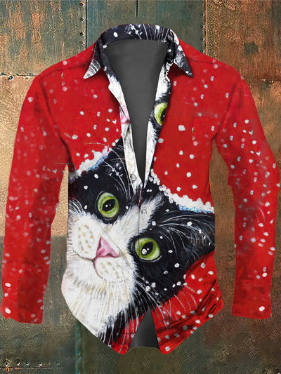 Men's Halloween Style Black Cat Print Vintage Shirt