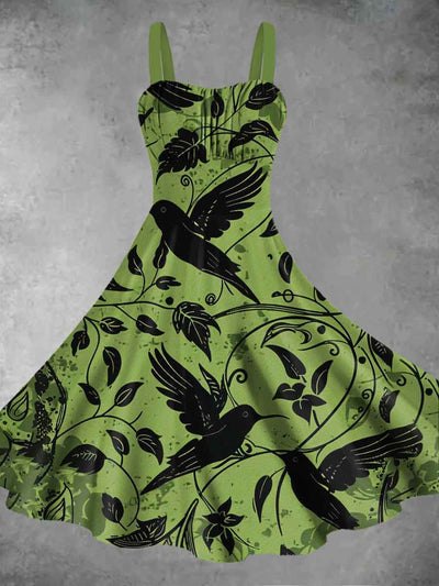 Women's Retro Green Plants and Birds Print Suspender Dress