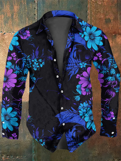 Men's Retro Dark Style Everlasting Flower Print Casual Vintage Shirt