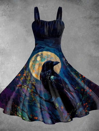 Women's Halloween Raven Print Suspender Dress