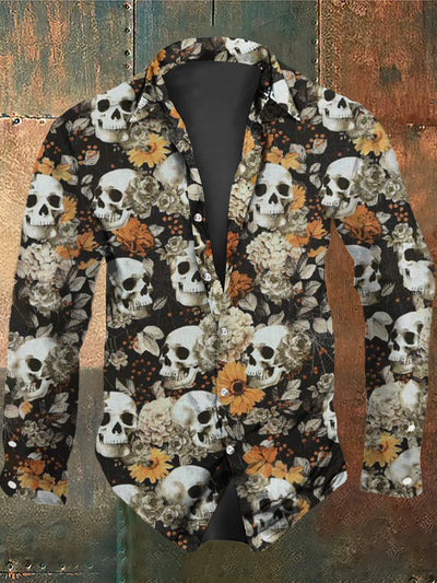 Men's Retro Dark Style Skull Daisy Print Long Sleeve Shirt