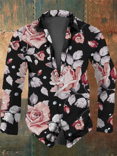 Men's Retro Dark Style Flowers Print Long Sleeve Shirt