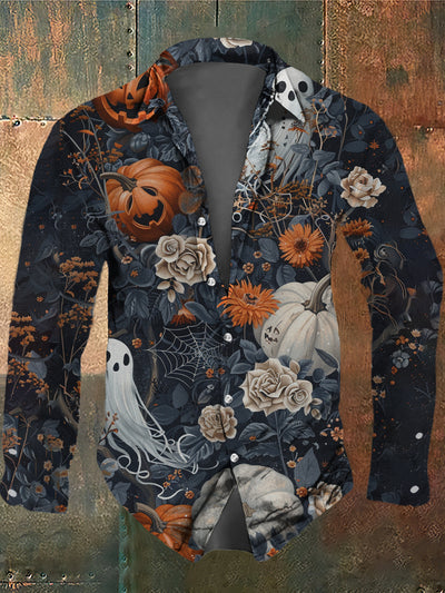 Men's Retro Dark Style Ghost Pumpkin Print Long Sleeve Shirt