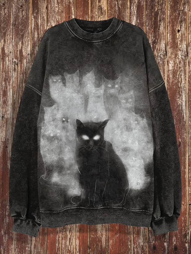 Unisex Cat And Ghost Print Halloween Crew Neck Casual Sweatshirt