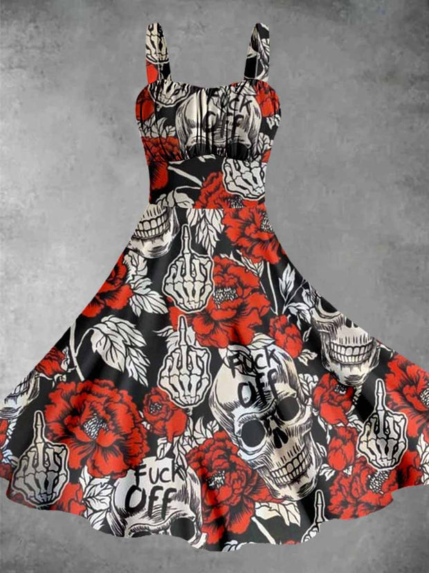 Vintage Cool Skull Print Sleeveless Casual Daily Dress