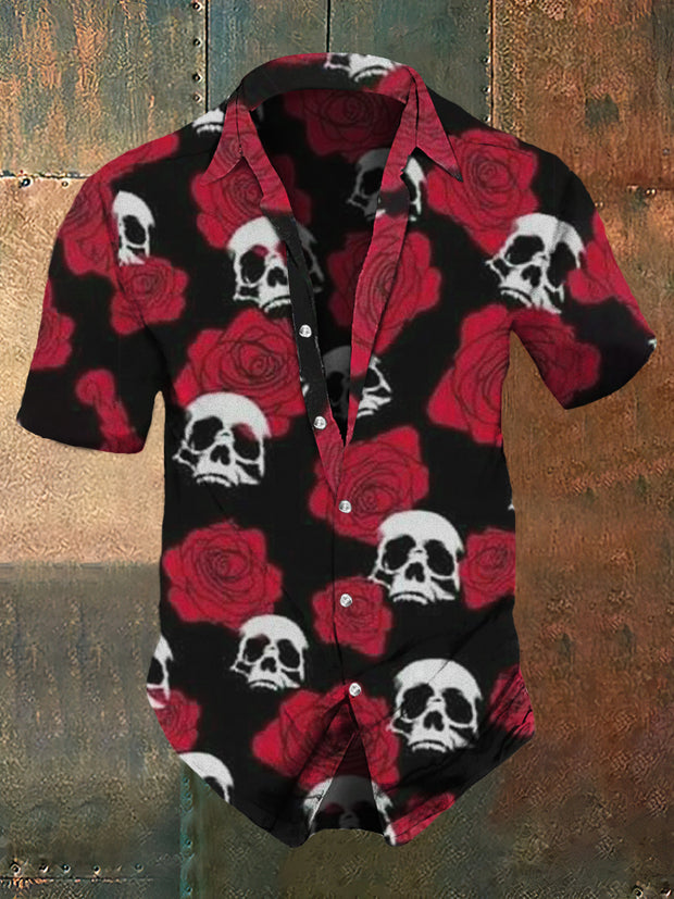 Men's Retro Dark Style Skull Rose Print Casual Shirt