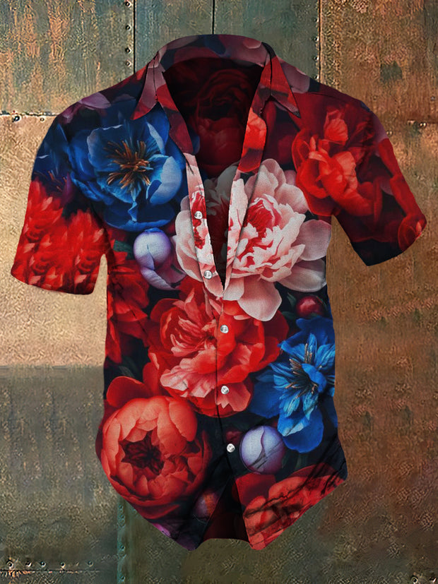 Men's Retro Dark Style Flowers Print Casual Shirt