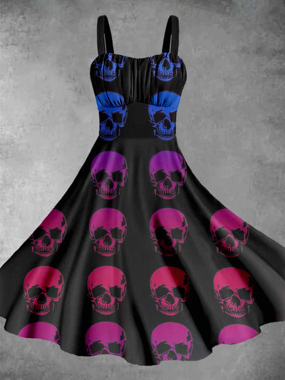 Vintage Colorful Skull Halloween Print Midi Dress