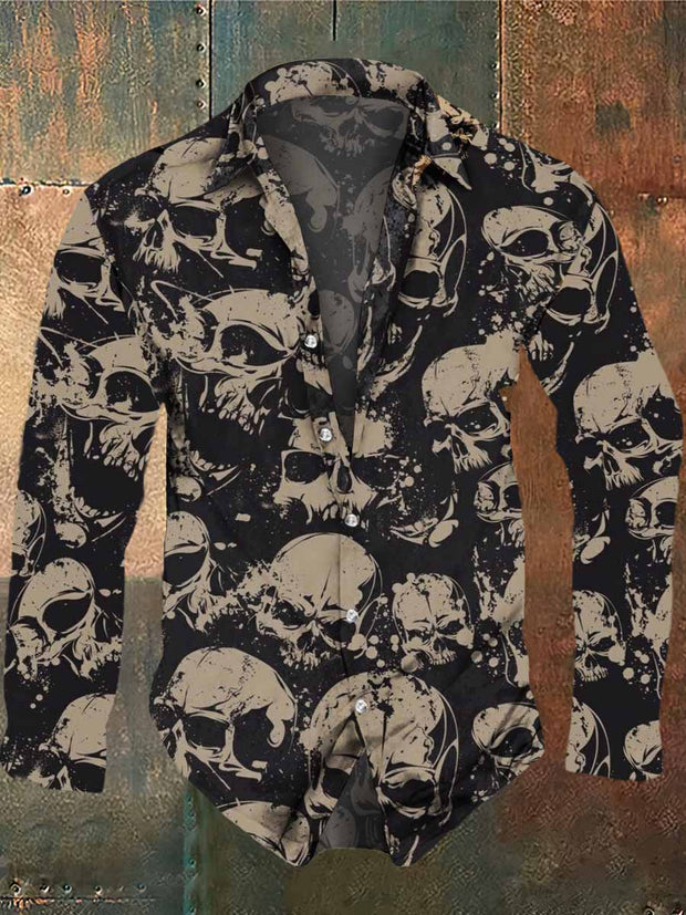 Men's Retro Dark Style Skull Print Casual Vintage Shirt