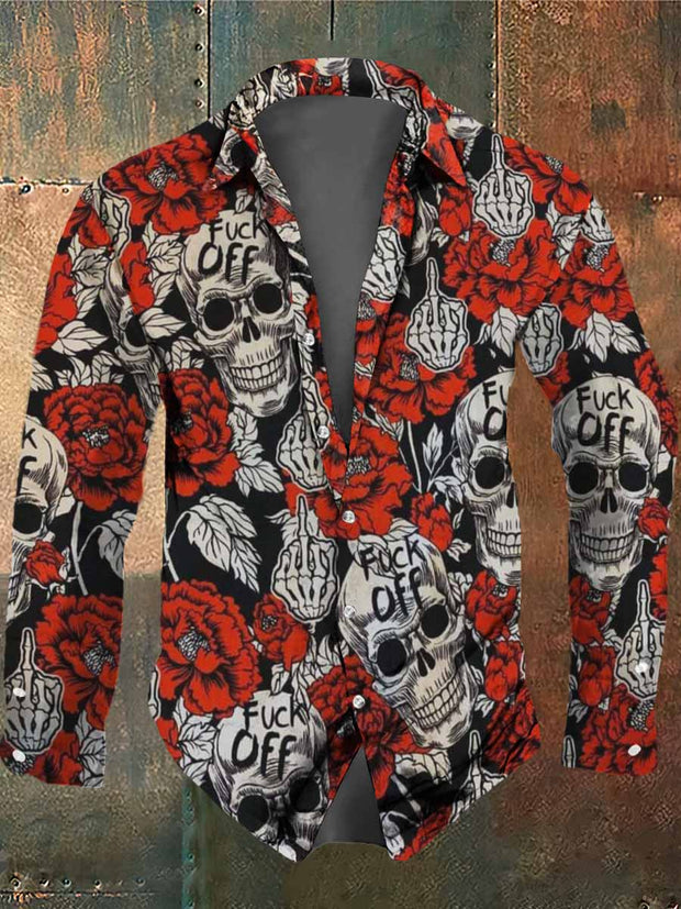 Men's Retro Dark Style Cool Skull Print Casual Vintage Shirt