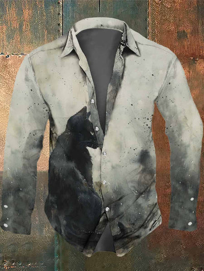 Men's Retro Dark Style Black Cat Print Casual Vintage Shirt