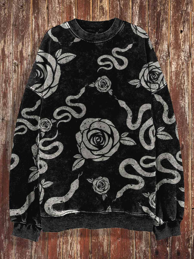 Unisex Rose And Snake Print Halloween Crew Neck Casual Sweatshirt