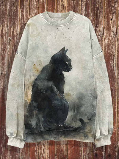 Unisex Black Cat Print Halloween Crew Neck Casual Sweatshirt