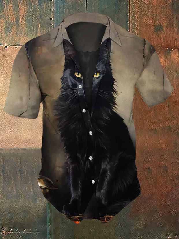 Men's Retro Dark Style Cat Print Casual Vintage Shirt