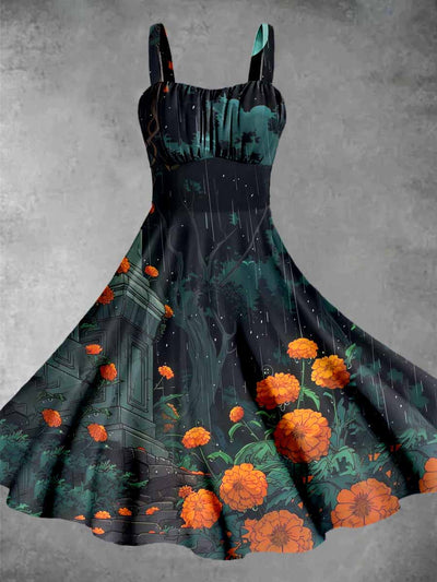 Vintage Abstract Daisy Halloween Print Sleeveless Midi Dress